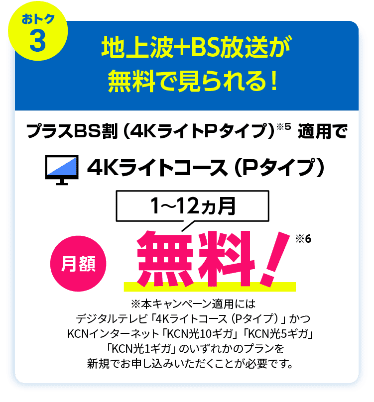 おトク3：地上波+BS放送が無料で見られる！プラスBS割（4KライトPタイプ）※5  適用で4Kライトコース（Pタイプ）1～12ヵ月月額無料！※本キャンペーン適用にはデジタルテレビ「4Kライトコース（Pタイプ）」かつKCNインターネット「KCN光10ギガ」「KCN光5ギガ」「KCN光1ギガ」のいずれかのプランを新規でお申し込みいただくことが必要です。